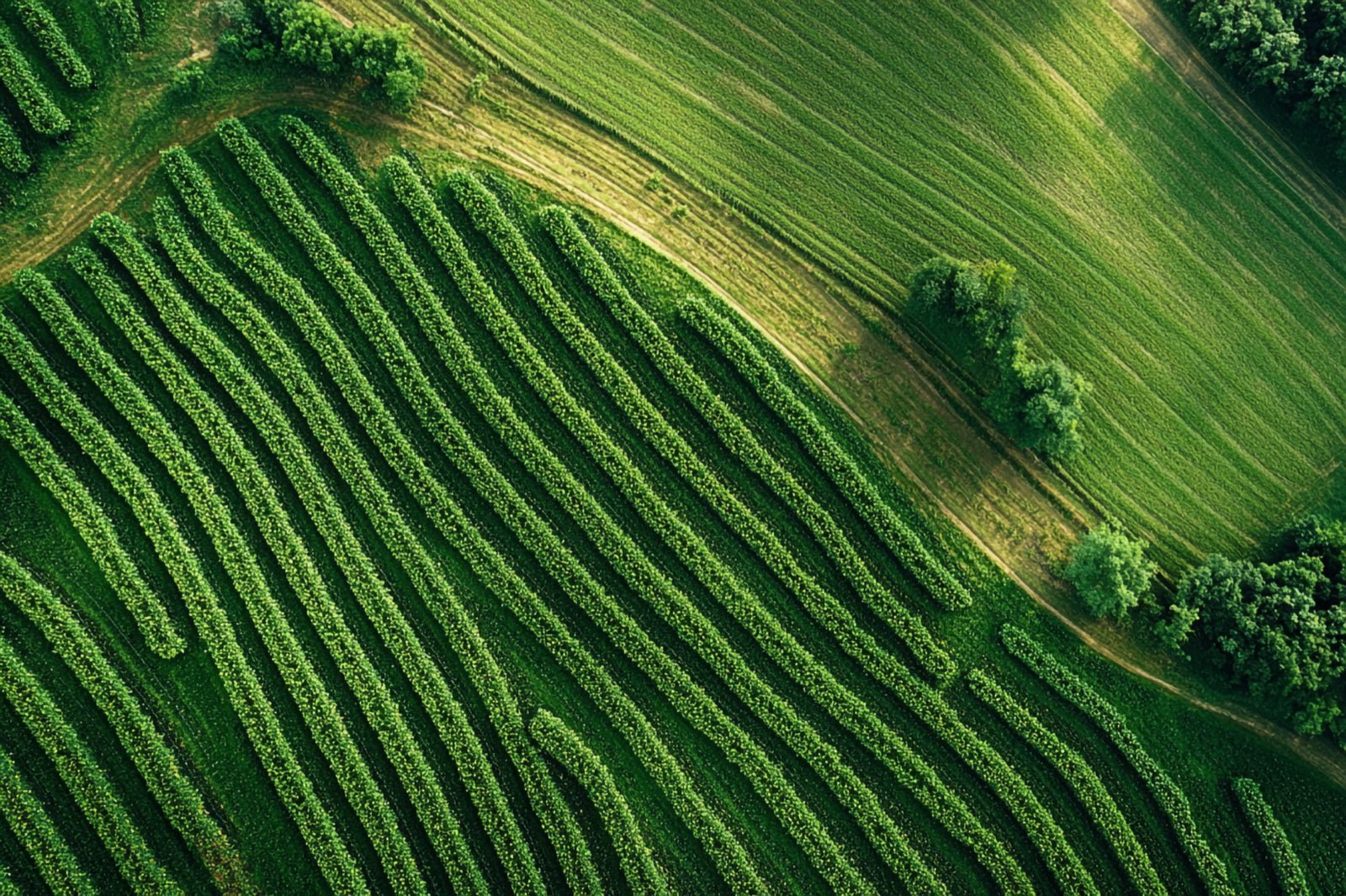 Aerial view of healthy green farmland in rows